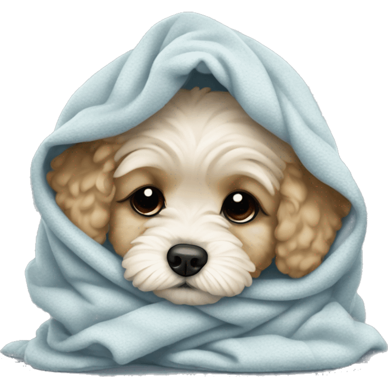 really sad and crying maltipoo puppy in blanket cuddled up emoji