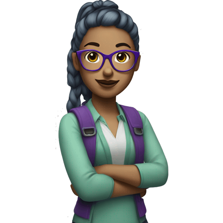 Nerd emoji, female, with green ponytail and purple glasses and blue eyes and pink lipstick emoji