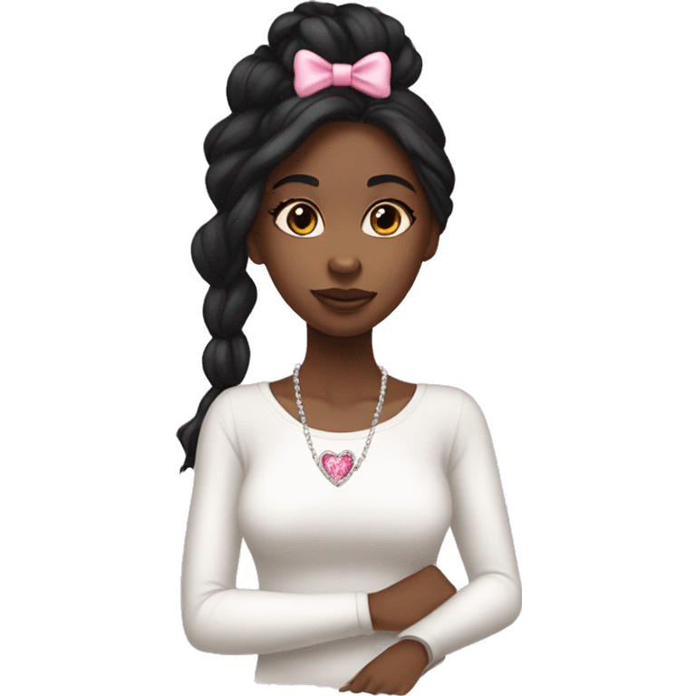 Black girl with long straight black hair and a white long sleeved top, pink bow in hair, white  crystal heart necklace  emoji