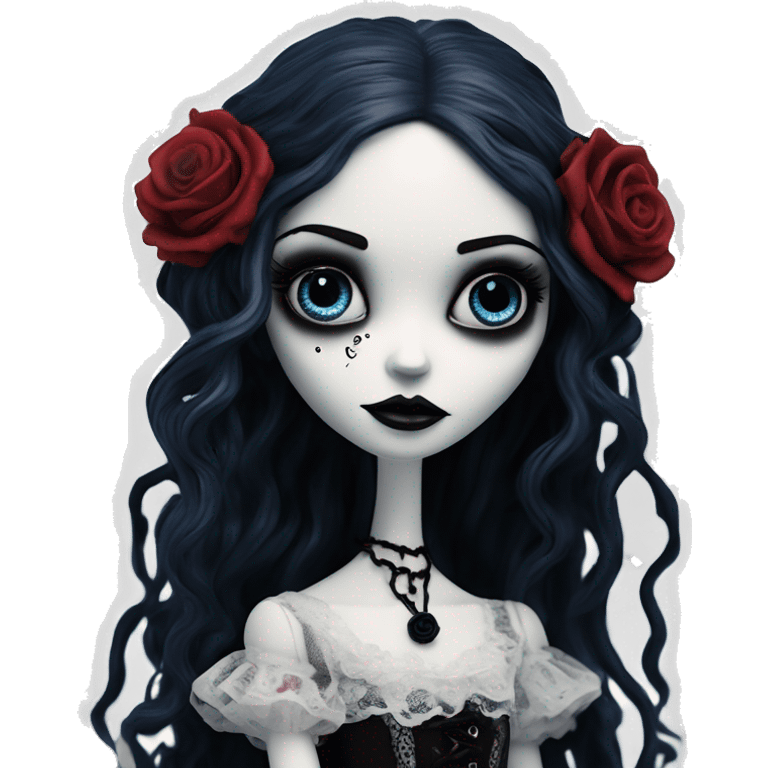 full height with legs, tim burton "corpse bride", porcelain doll with a cracked face, goth makeup watery eyes, long hair, lace and ruffles, lolita style, inked, black and white, red roses emoji