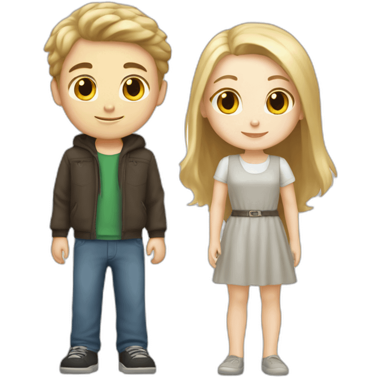 blond white girl and brunette white boy, white cat, grey cat emoji