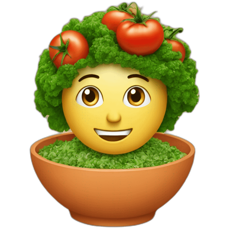 A taboulehh in a bowl with a tomato on top emoji