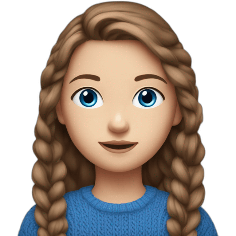 Girl 10 years old. Long brown hair. blue knitted sports sweater, big blue eyes. emoji