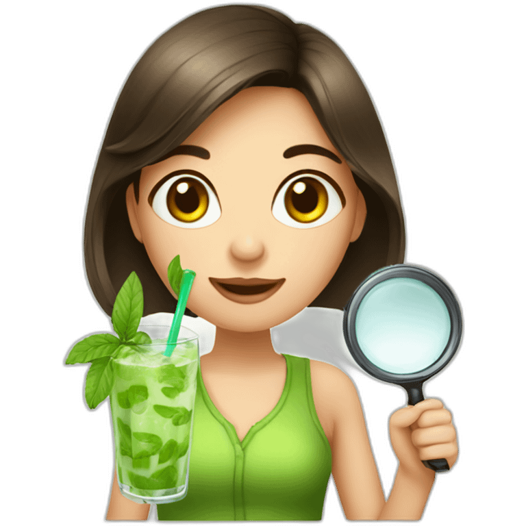 brunette girl with left magnifying glass and right mojito emoji