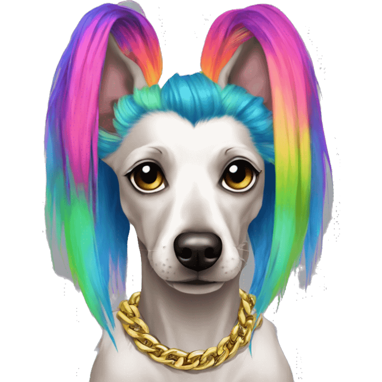 Punk Chinese crested dog neon rainbow hair gold chain piercings tattoos ear piercings emoji