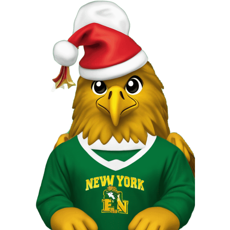 the state university of new york college at brockport's mascot Ellsworth the golden eagle, green beak, green jersey, yellow lettering with "brockport" written on front, in front of a christmas tree, wearing a santa hat emoji