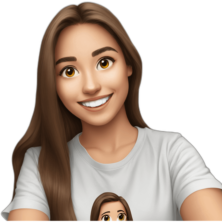 Spaniard Teenager girl long Brown straight hair funny face smiling taking selfie nike t shirt emoji