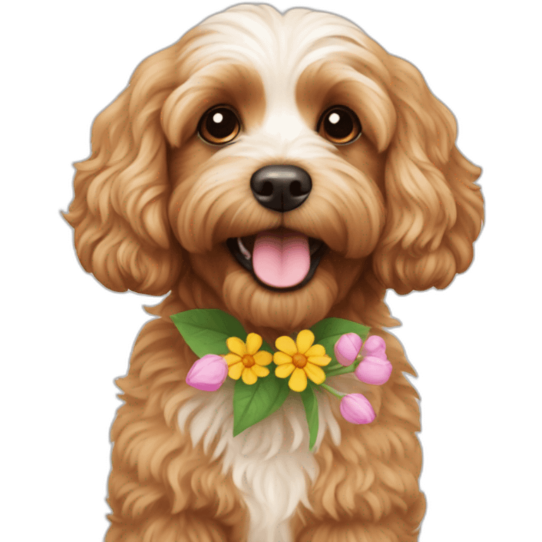 Cavapoo wearing a flower emoji