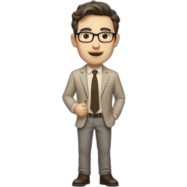 Full height Gesticulating Pale skinned fit man with dark brown hair in gray jacket, beige office shirt, brown tie, brown pants and vintage glasses. emoji