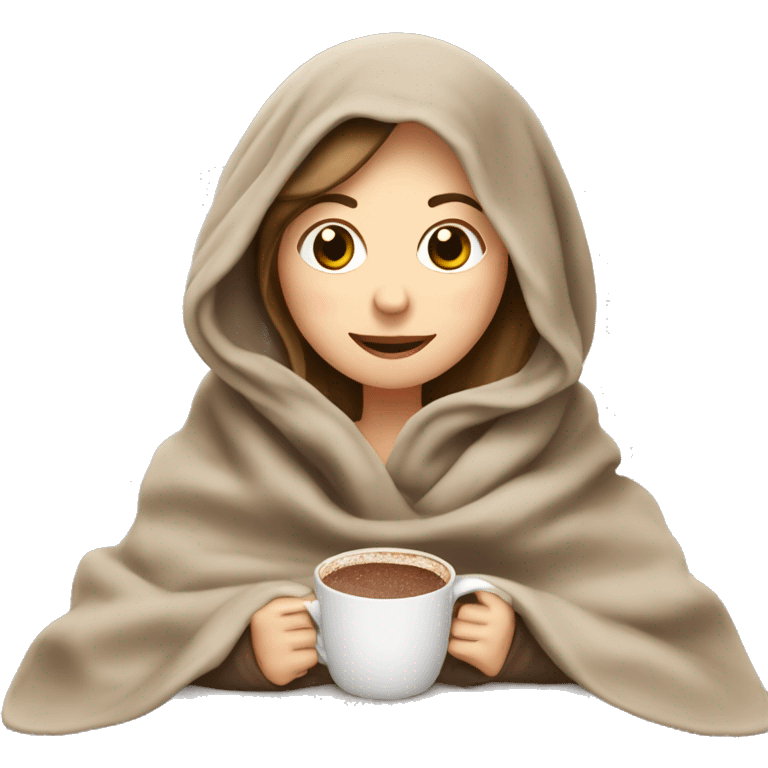 White girl having a blanket over her head with hot chocolate emoji