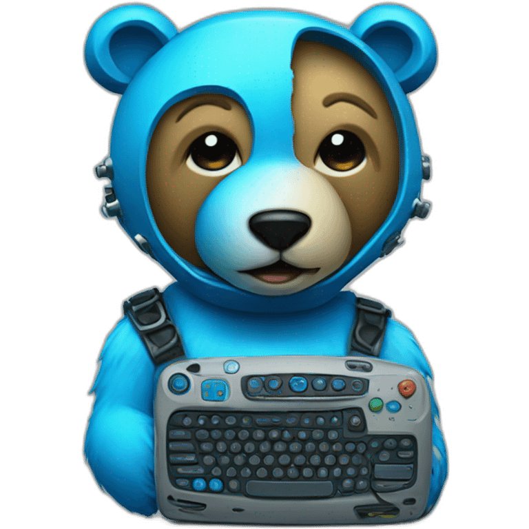 little blue neon punk bear with broken toy computer emoji