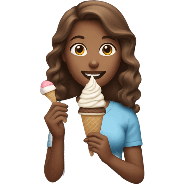 Brown haired woman eating ice cream emoji