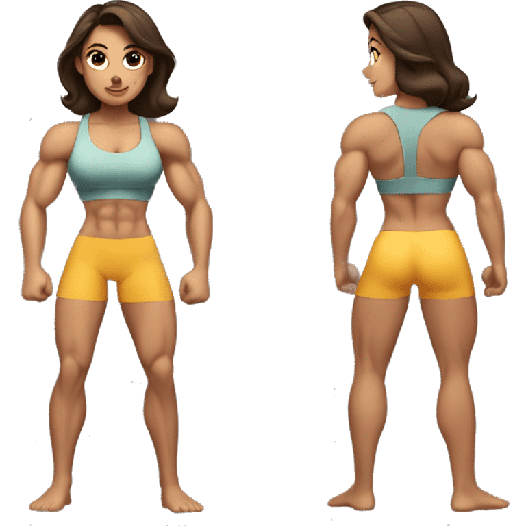 brunette, muscular, cut, bodybuilder girl, flexing, abs, pecs, biceps, muscles emoji