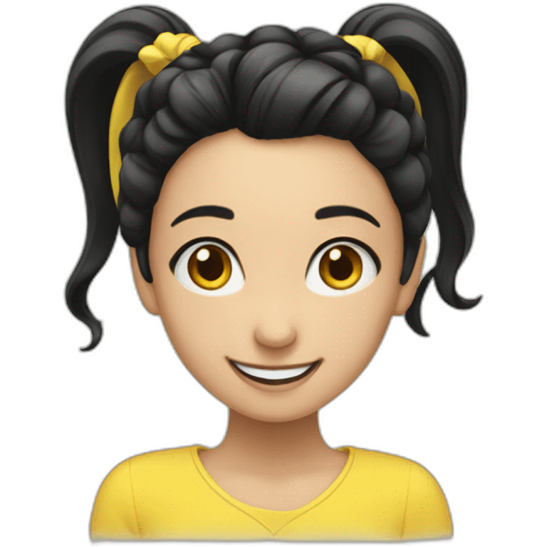 A smiling girl with a black ponytail and a yellow hairpin emoji