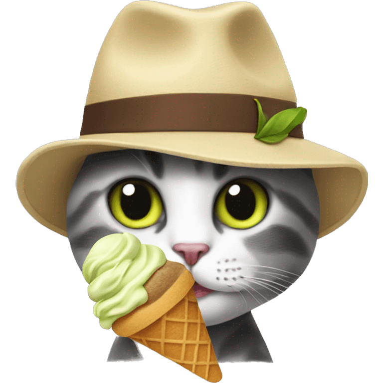 cat eating pistachio ice cream while wearing a fedora emoji