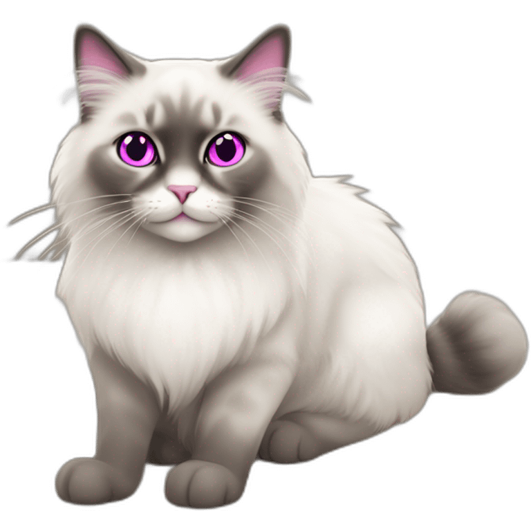 Ragdoll cat with magenta eyes and grey furr, smiling, sitting on the floor emoji