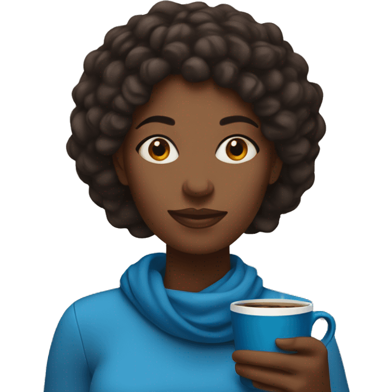 black woman holding a blue mug of coffee with a cozy expression emoji