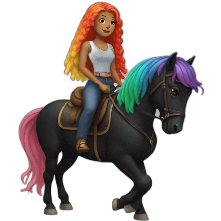 Woman with long log rainbow hair riding a black walking horse emoji