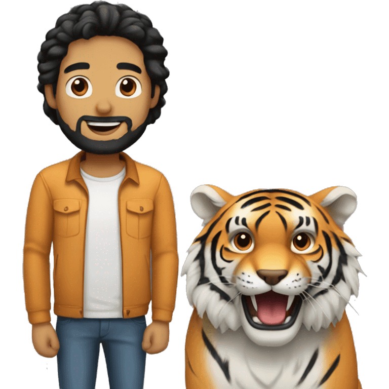 a caucasian guy with black hair and beard being best friends with a tiger emoji