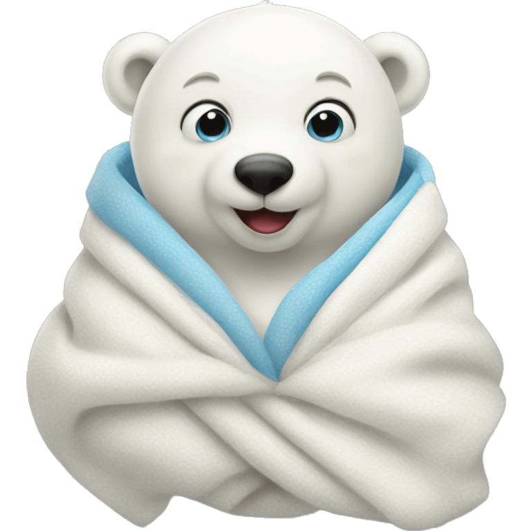 Baby polar bear in a blanket holding a heart emoji