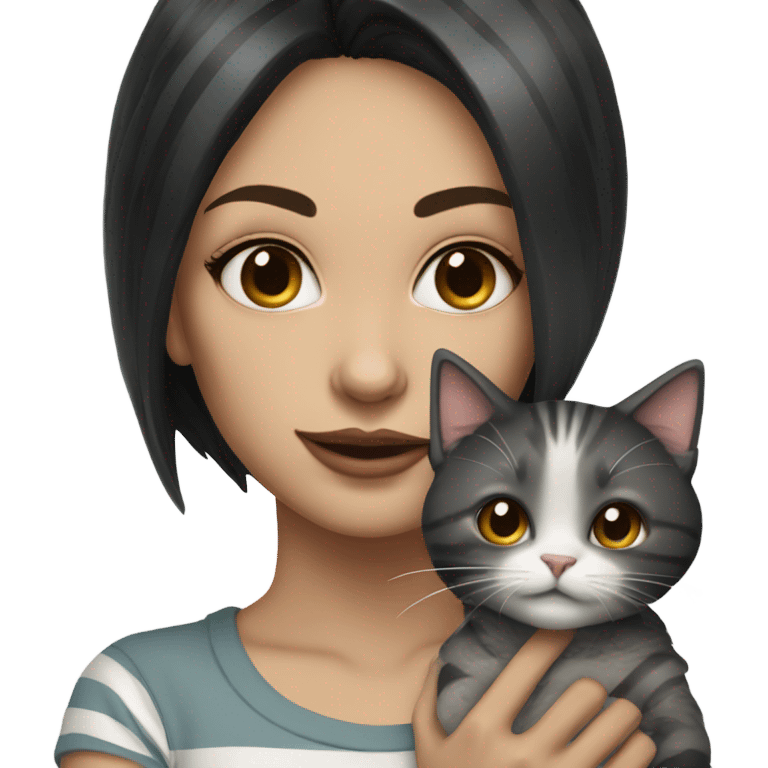 Beautiful dark haired tattooed woman holding gray and white stripe long haired cat emoji