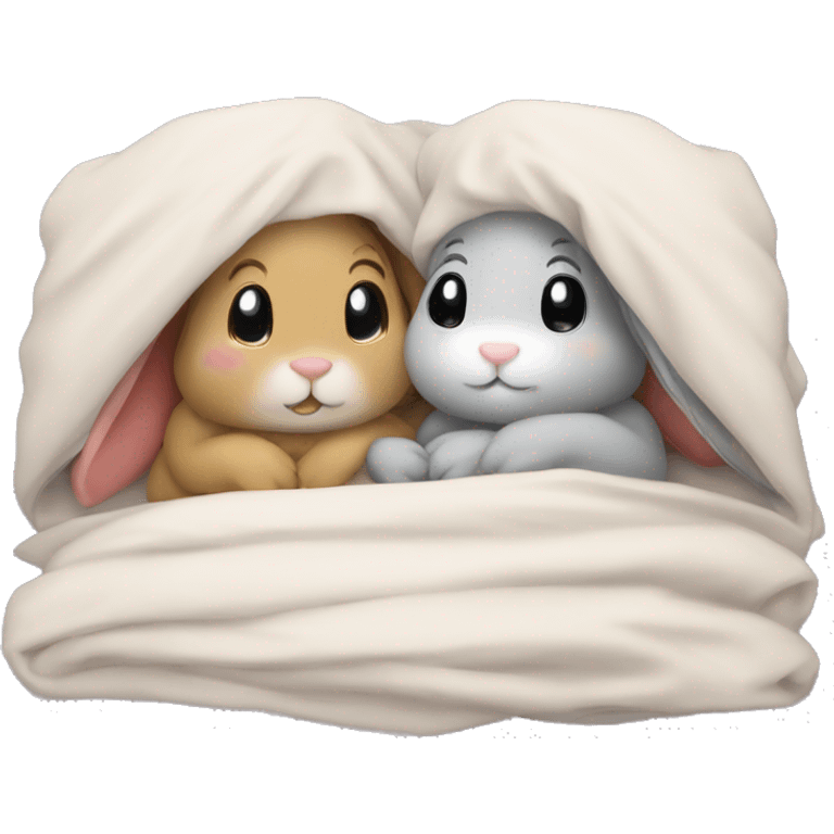 Two bunnies snuggling in bed under blanket while watching a movie emoji