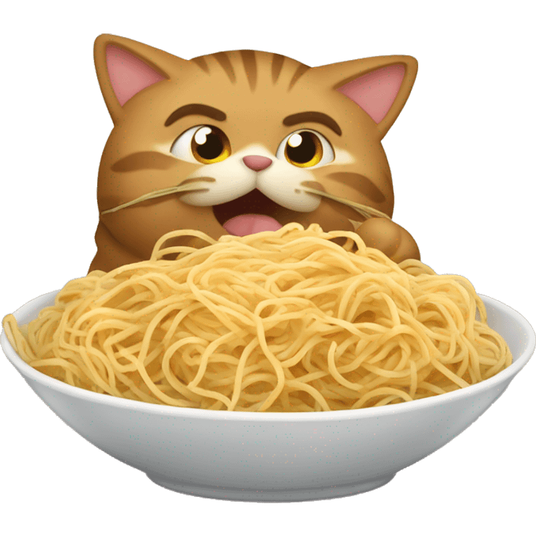 Fluffy tabby brown fat cat eating spaghetti  emoji