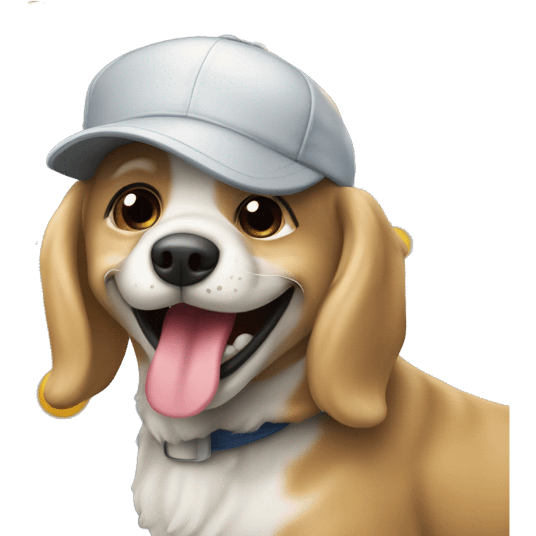 Perro sonriendo y llevando una gorra emoji