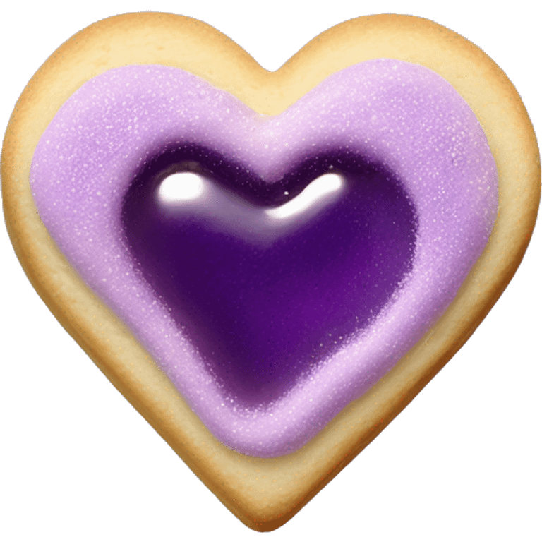 Realistic shortbread cookie in the shape of a heart with purple jelly middle filling and sprinkled powder sugar on top. emoji