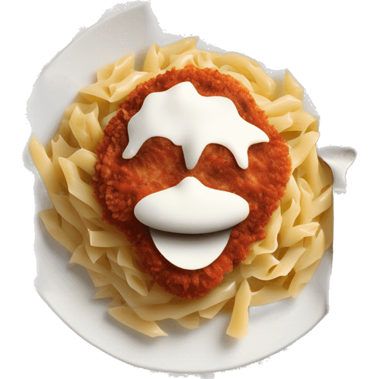 Chicken cutlet with mozzerella cheese and marinara sauce, over a bed of pasta emoji