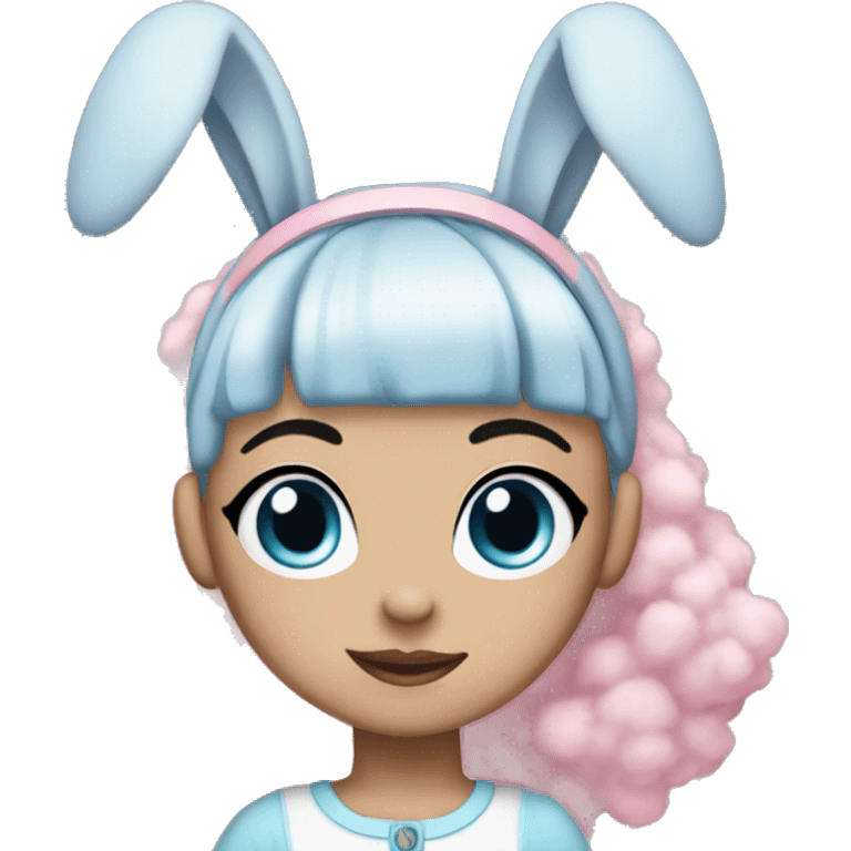 Black hairblue eyes girl emoji wit bunny ear headband pink fluffy emoji