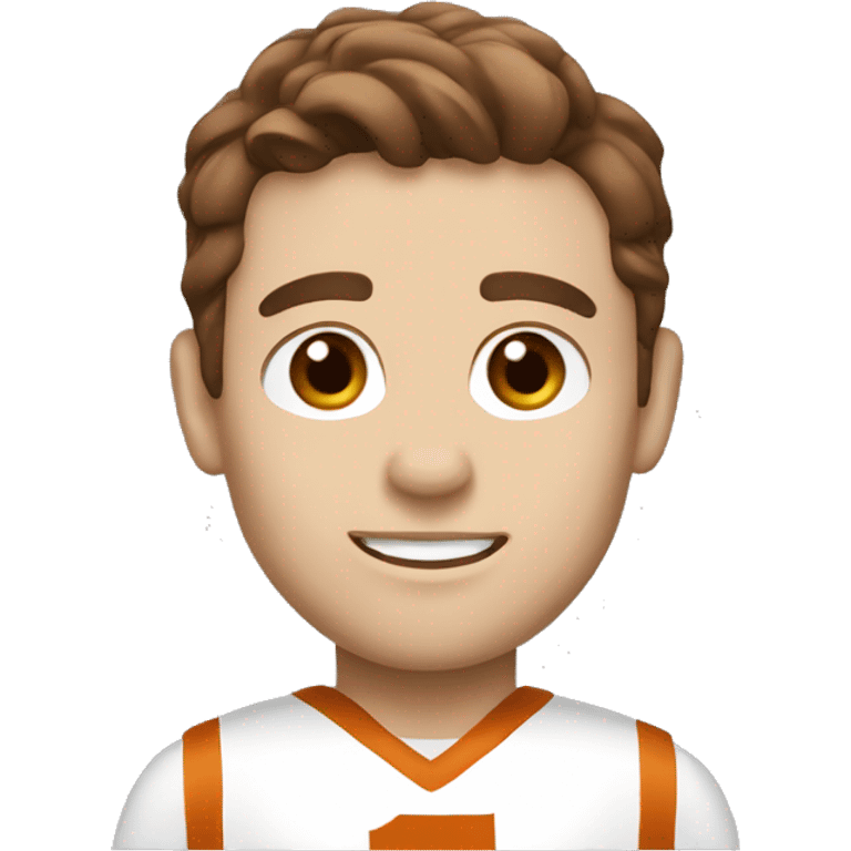 Brown hair, pale skin, man. Wearing University of Texas Longhorn clothes emoji