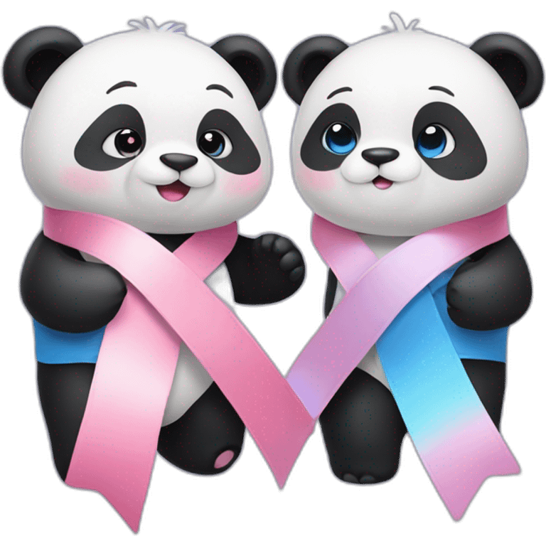 Male panda blue ribbon, female panda pink ribbon, hug emoji