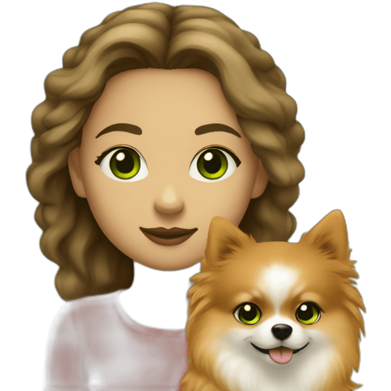 light-skinned-girl-with-green-eyes-walk-with-red-pomeranian emoji