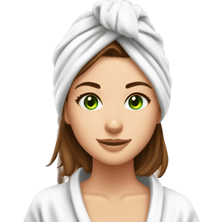 Beautiful white girl with brown hair and green eyes in white towel in sauna emoji