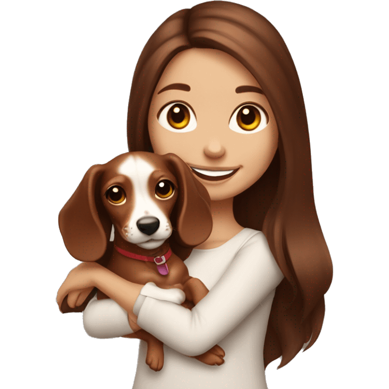 Smiling brunette girl holding long haired miniature red piebald dachsund emoji