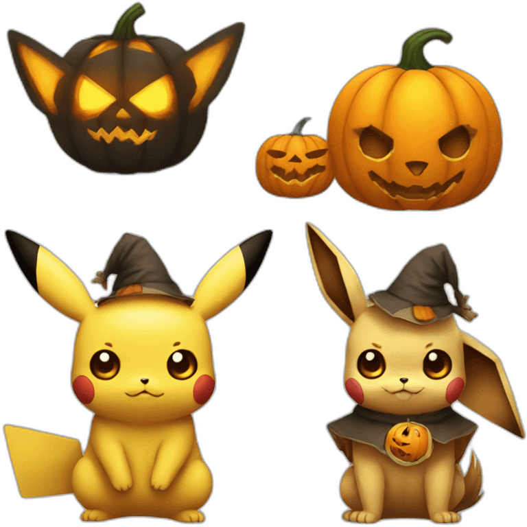 Pikachu and eevee holding halloween pumpkin emoji