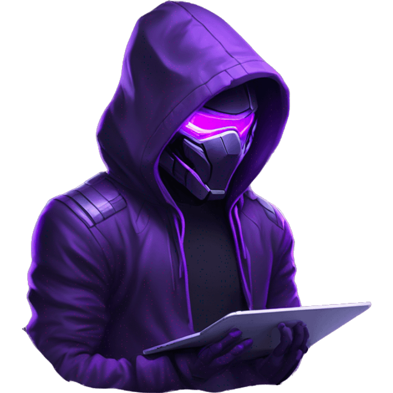 Side view developer behind his laptop with this style : crysis Cyberpunk Valorant neon glowing bright purple character purple violet black hooded assassin themed character emoji