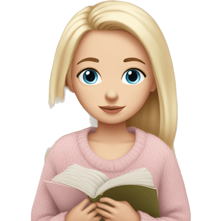 Pretty blue eyed white girl with light pink sweater reading cozy emoji