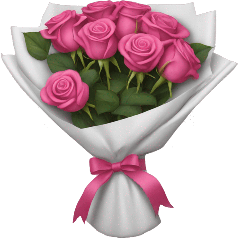 Dark pink bouquet of roses wrapped in white wrapping paper with pink bow emoji