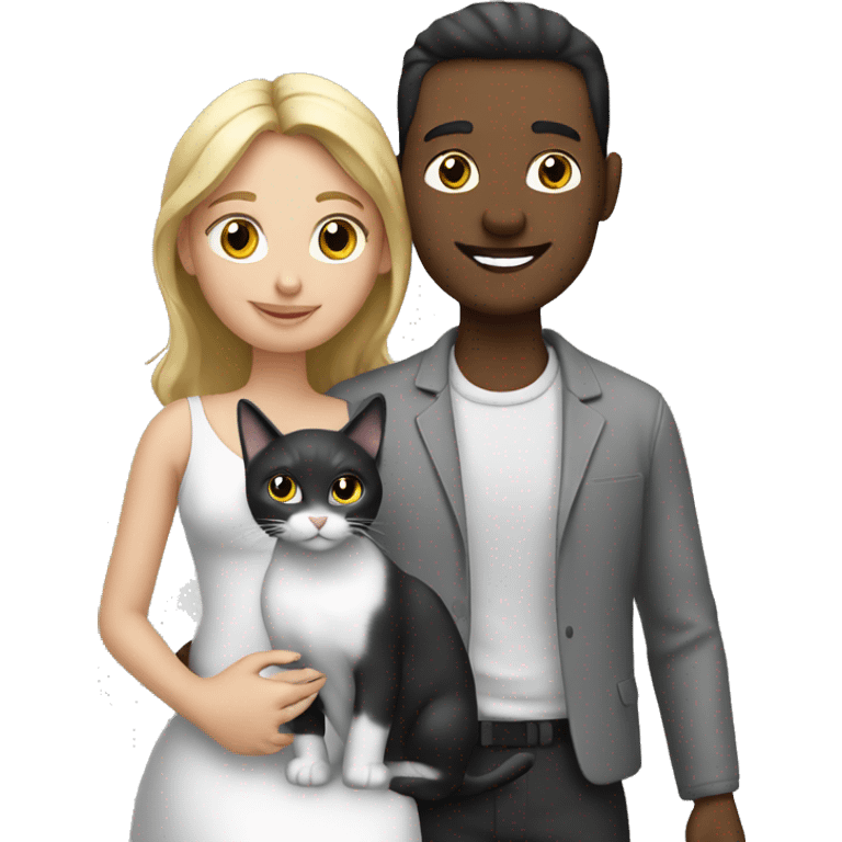 Girl & husband with two cat. black white & grey. emoji