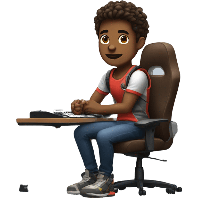  a brown skin gamer sitting in front of gaming pc and play games emoji