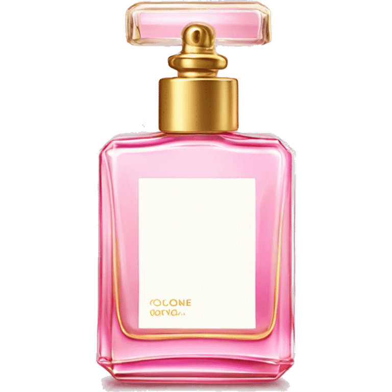 Square pink perfume bottle with white label that says cologne in gold  emoji