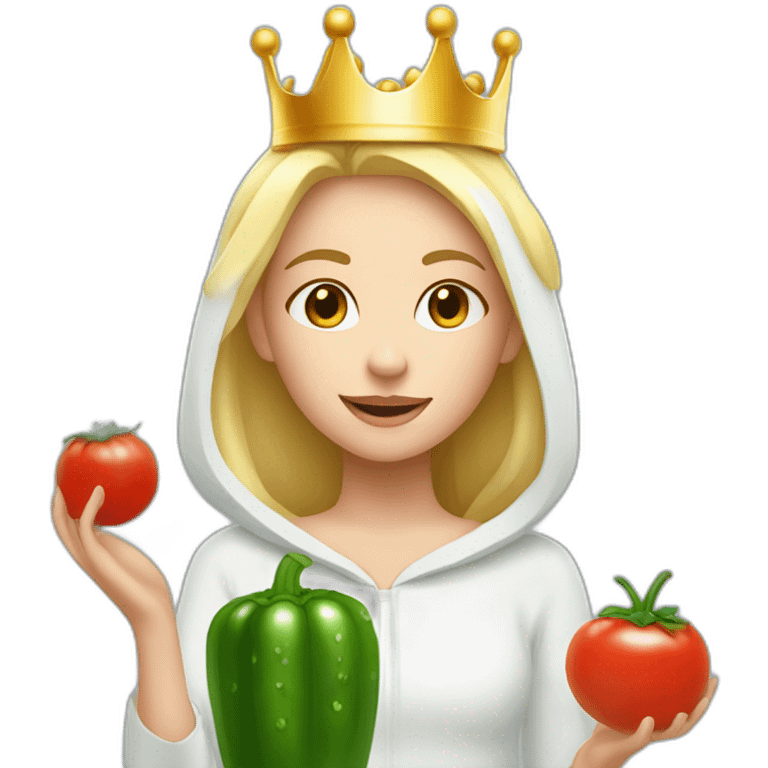 blonde girl  eating  cucumber and tomatoes with white hoodie iridescent and a crown princess emoji