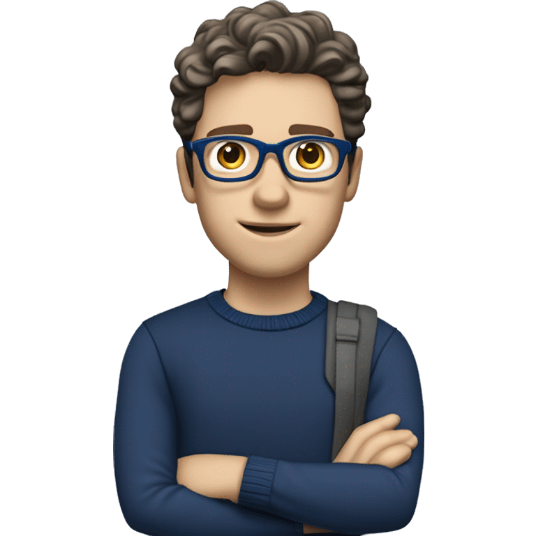 caucasian white boy with dark wavy  hair, blue glasses, and carrying design plan because he is an architect carrying a pencil and a set model maquette. wearing a navy blue long sleeve sweater shirt. smart.  emoji