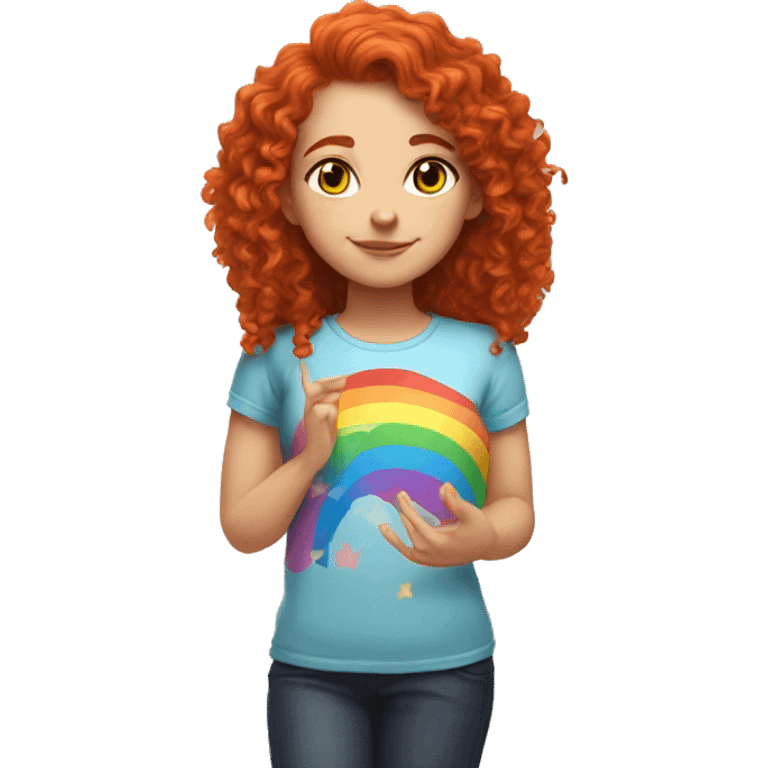 white girl with long red curly hair, wearing a rainbow cat shirt doing a pose emoji