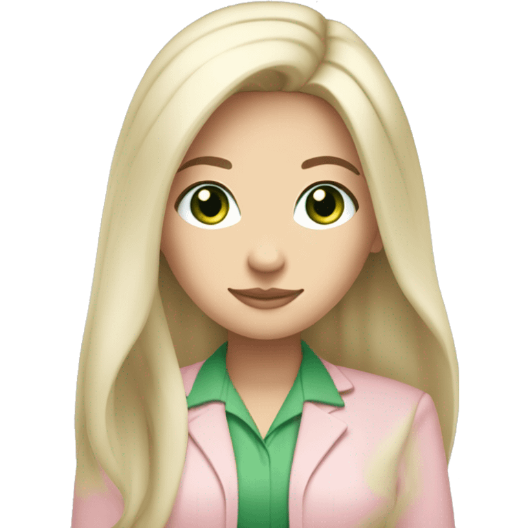 A pretty white girl with very long black hair and green eyes working in a light pink work attire emoji