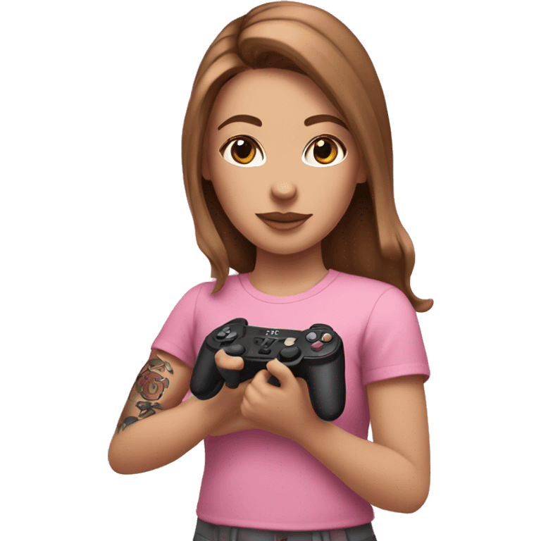 White girl with arm tattoo and brown hair holding a pink game controller emoji