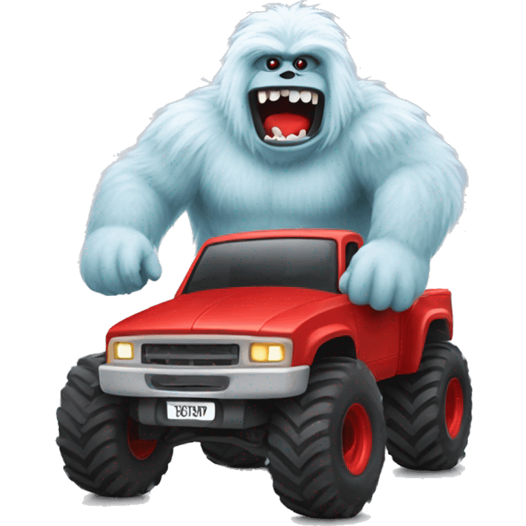 Yeti driving a red monster truck emoji