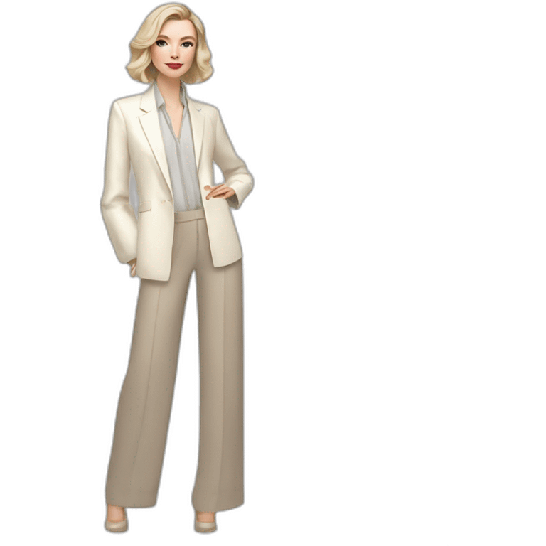 pale skin woman with ash blonde Straightened bob Hair, White Spacious classical jacket, beige palazzo Arrow pants and gray blouse holding a color palettes in the hands emoji